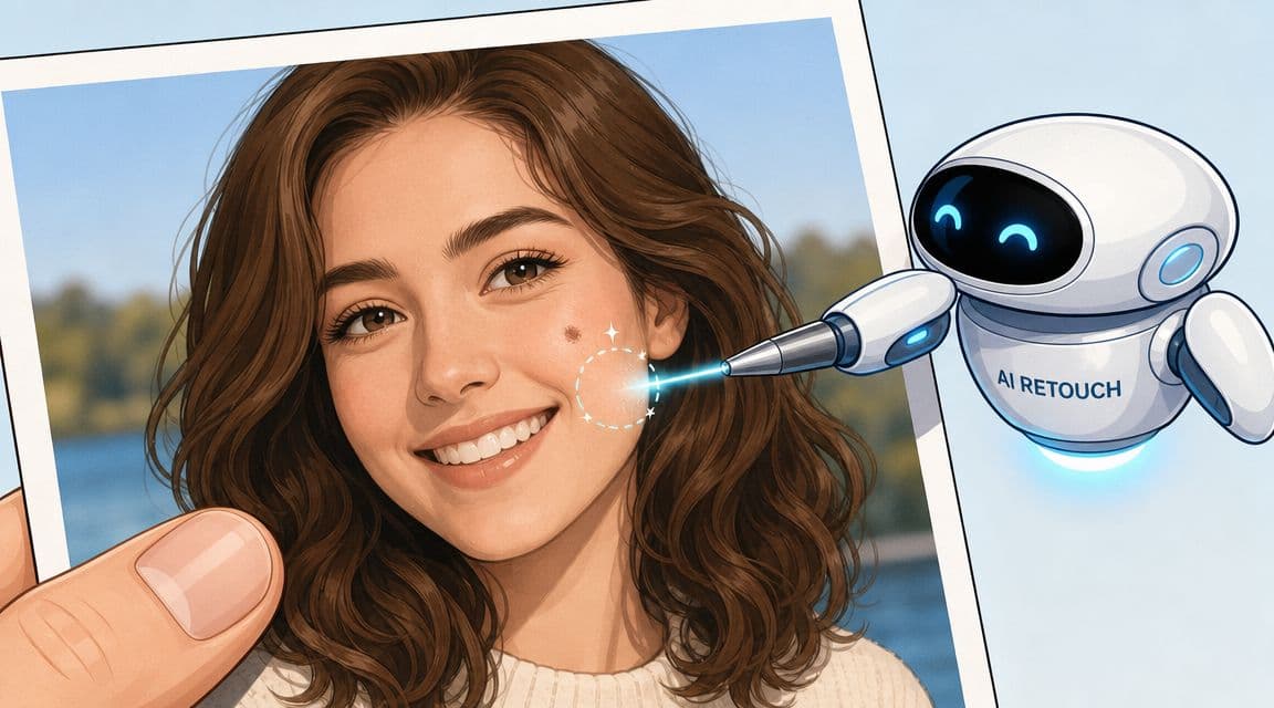 A small robot using a blue laser to digitally remove a mole from a woman's portrait photo.