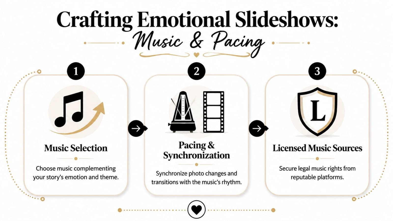 An infographic titled Crafting Emotional Slideshows illustrating three key steps for music selection, pacing, and licensing.