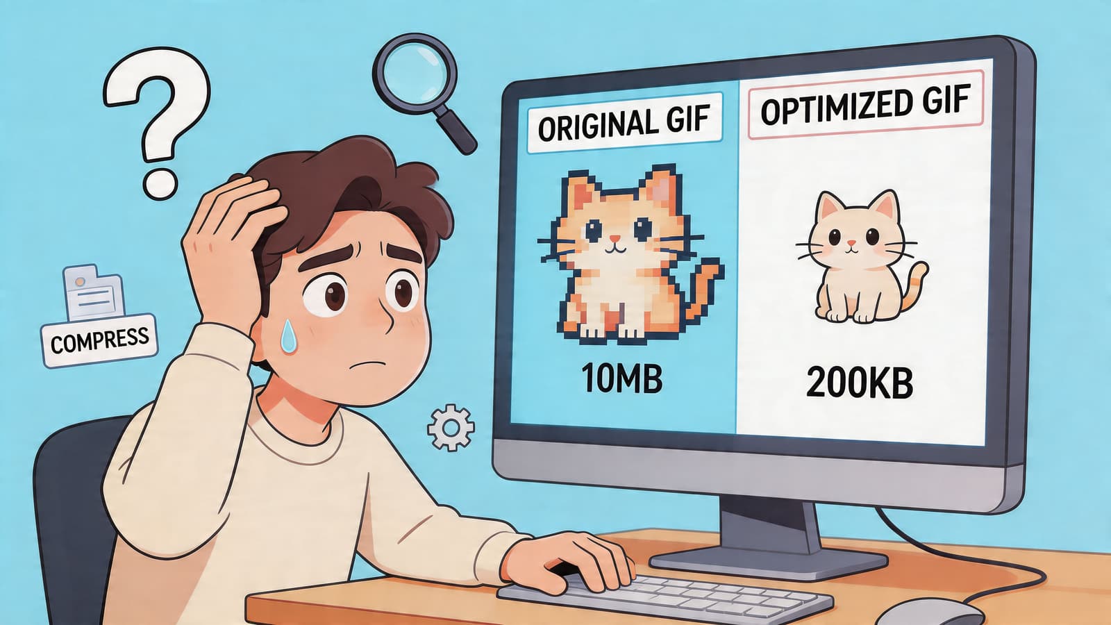 A confused person looking at a computer screen comparing an original pixel art cat GIF with an optimized version.