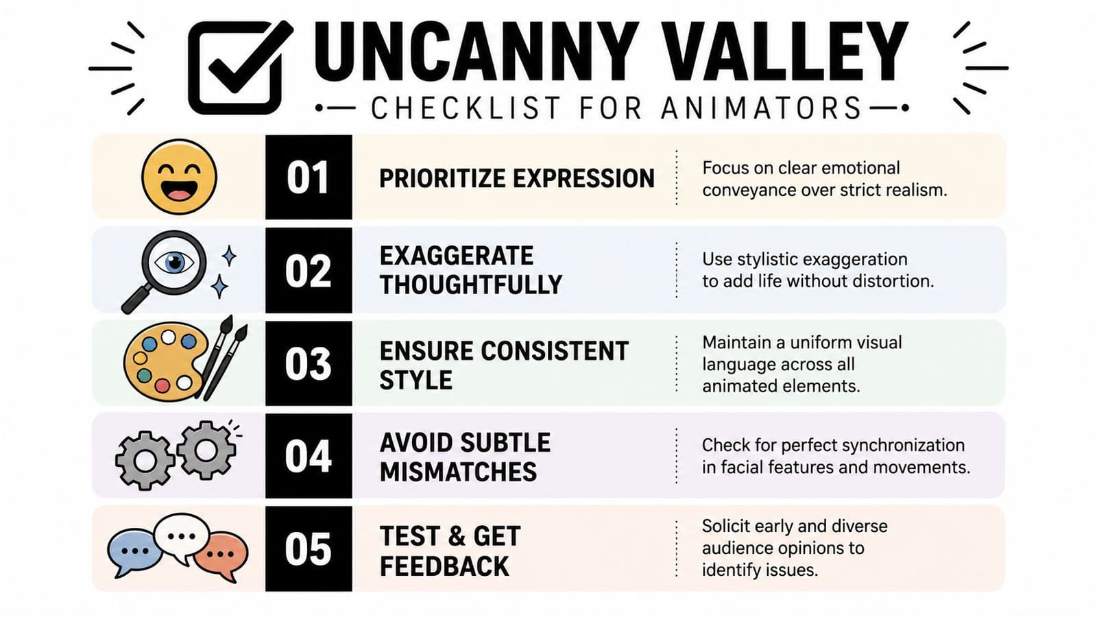 A checklist for animators on how to avoid the uncanny valley effect, featuring five actionable steps.