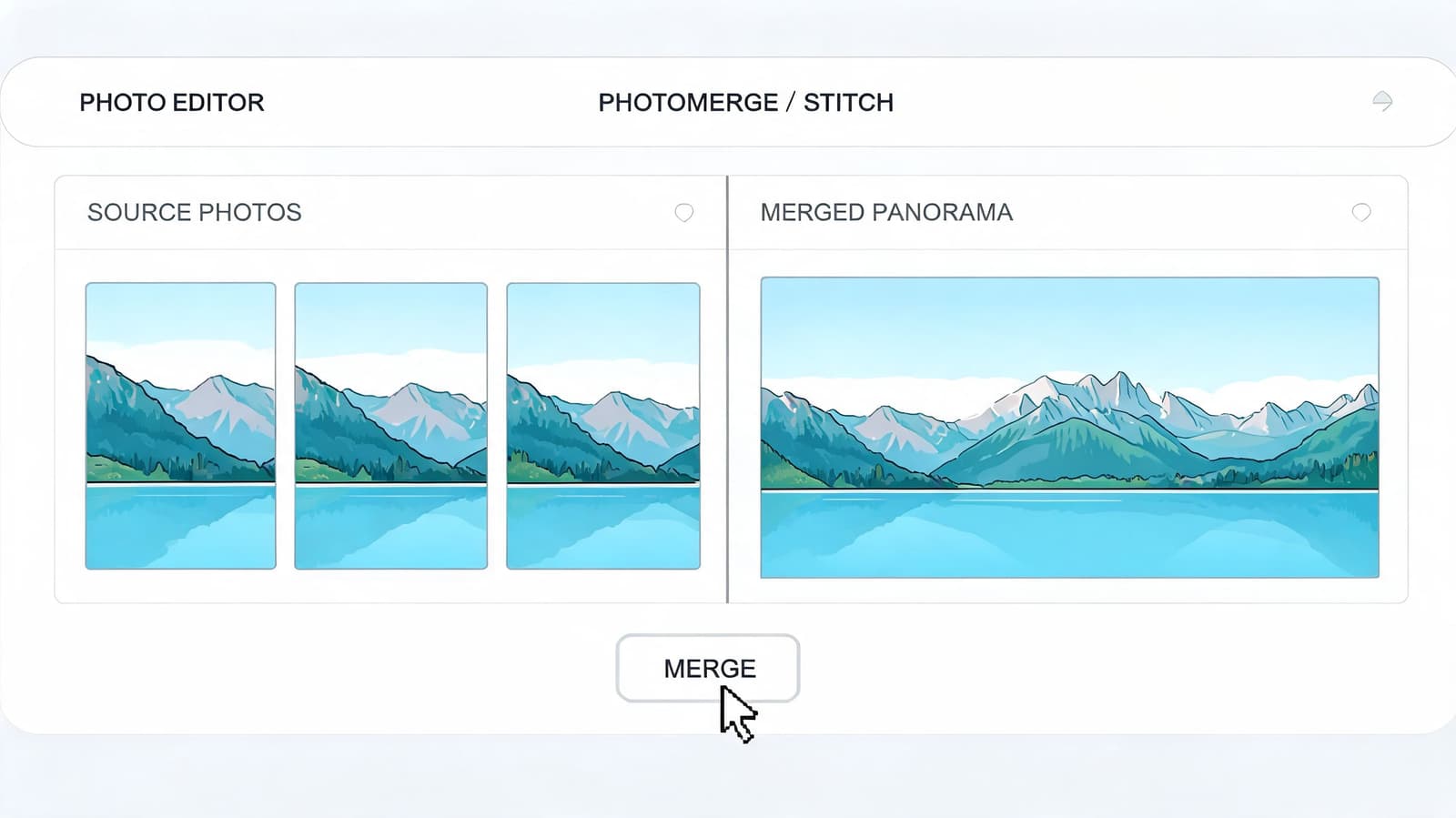 A digital interface showing three source landscape photos being stitched into a single merged panorama image.