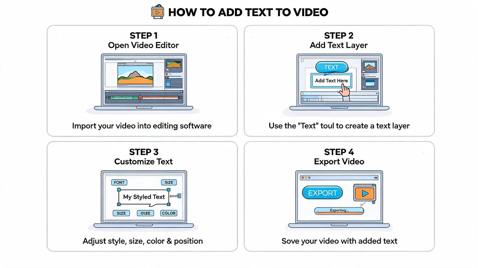 A four-step infographic illustration explaining the simple process of adding text overlays to a video project.