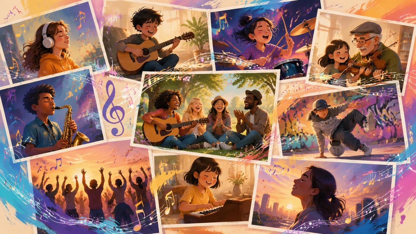 A collage of diverse people enjoying music through playing instruments, dancing, and singing in artistic settings.