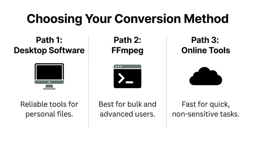 A visual guide comparing three methods for file conversion: desktop software, FFmpeg command line, and online tools.