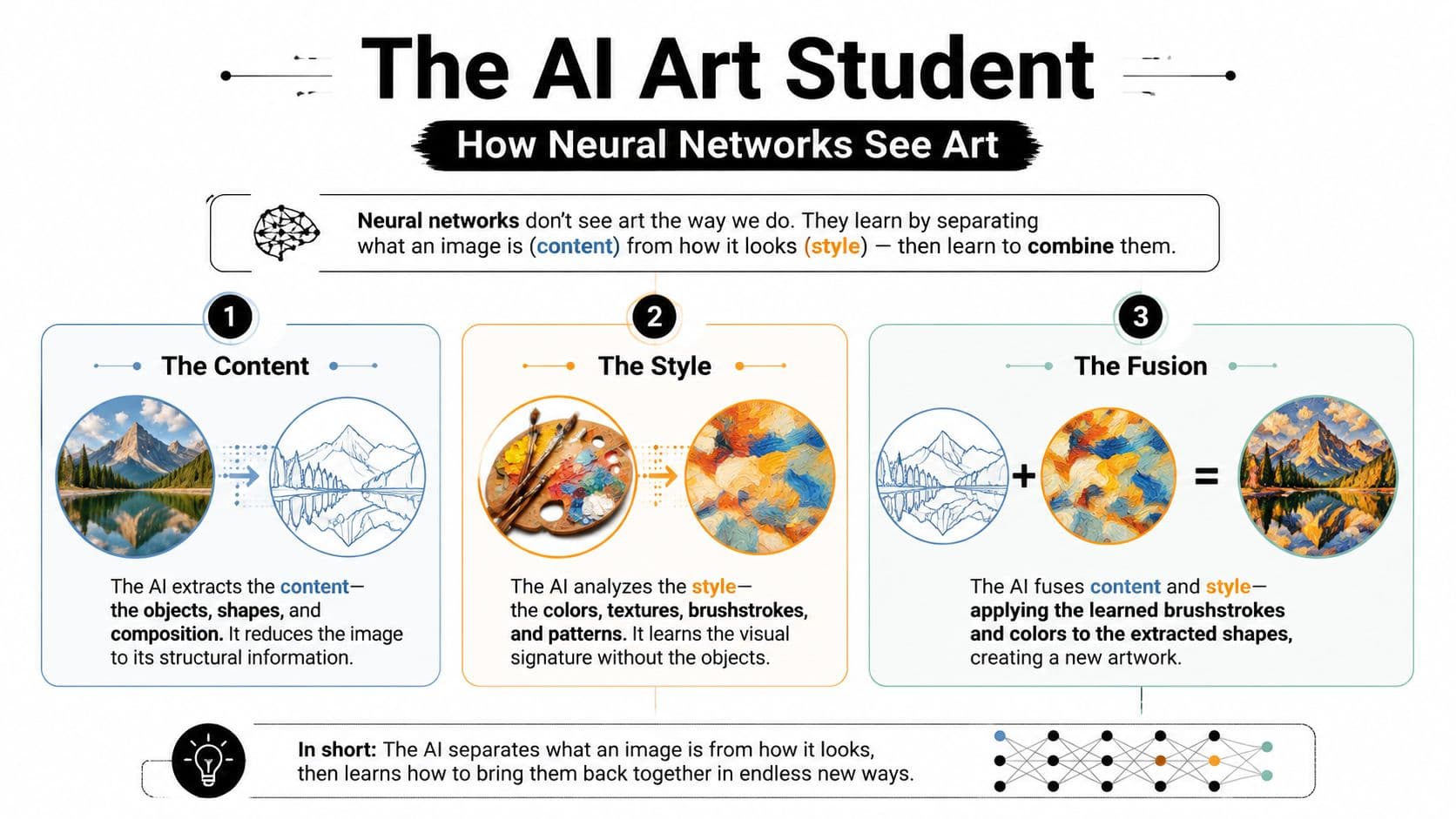 An infographic explaining how AI neural networks perform style transfer by separating content and artistic style.