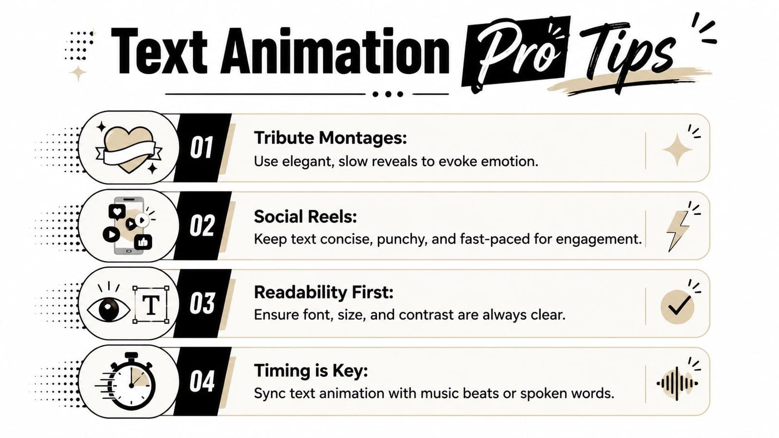 An infographic titled Text Animation Pro Tips showcasing four essential guidelines for creating effective video text animations.