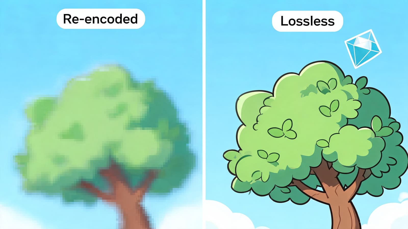 A side-by-side comparison showing a blurry re-encoded image next to a sharp, high-quality lossless image.
