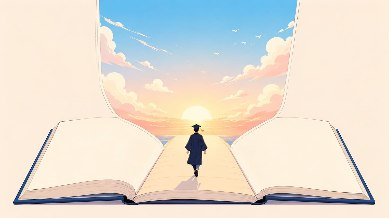 A graduate in cap and gown walking toward a sunset through an open book metaphor.