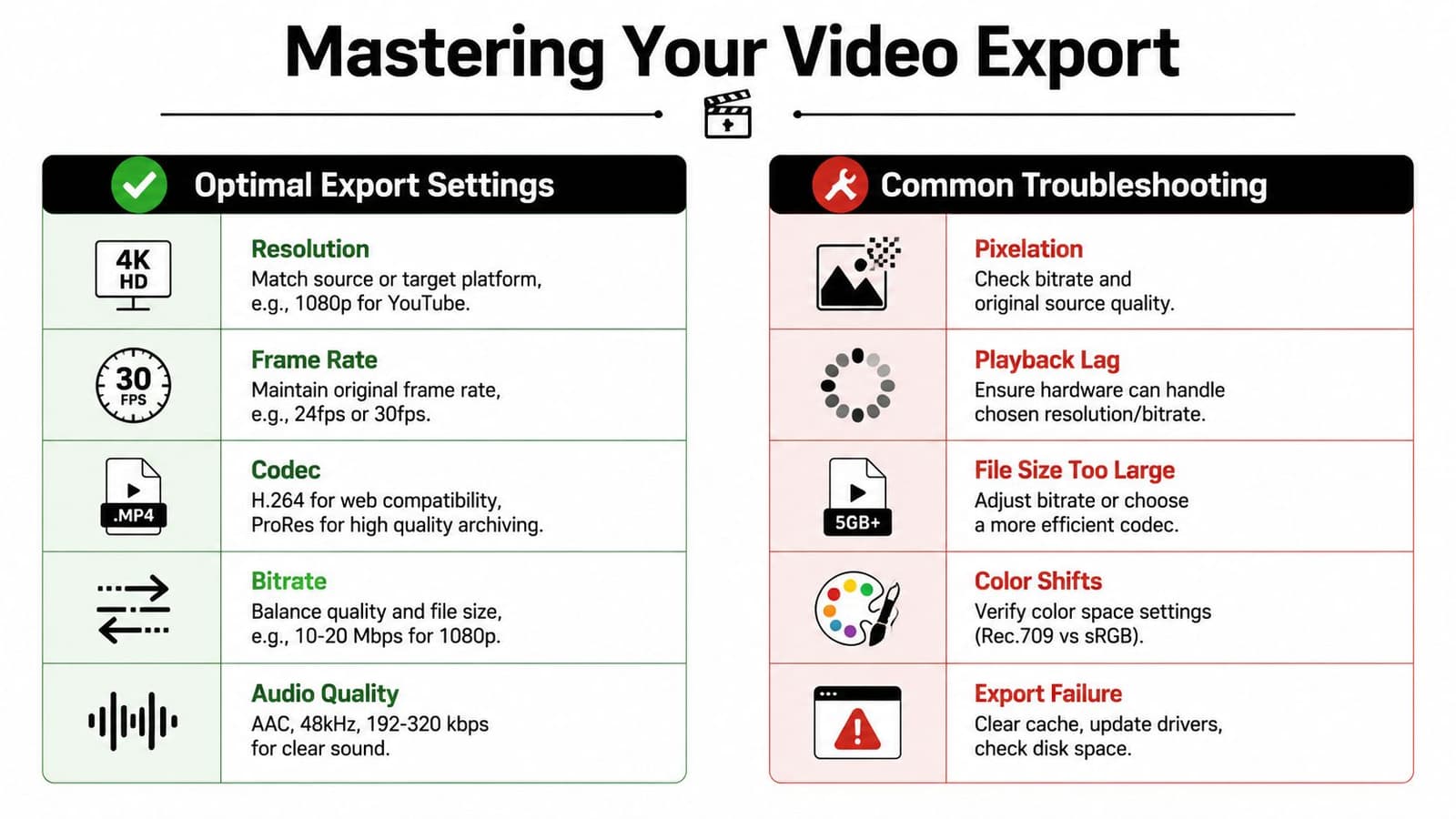 A guide showing optimal video export settings and common troubleshooting tips for better video quality and performance.