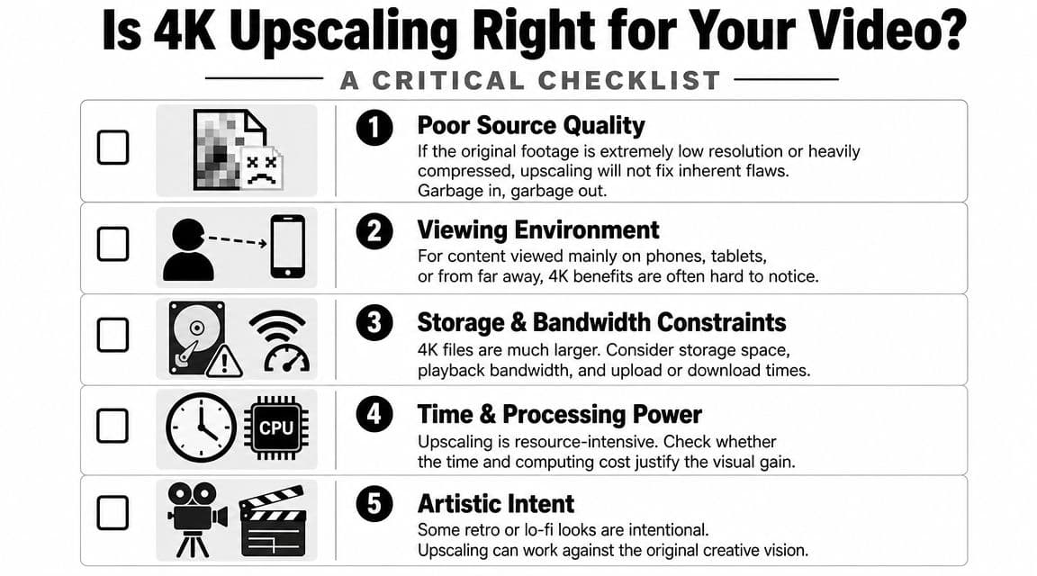 A checklist infographic titled Is 4K Upscaling Right for Your Video with five key decision factors listed.