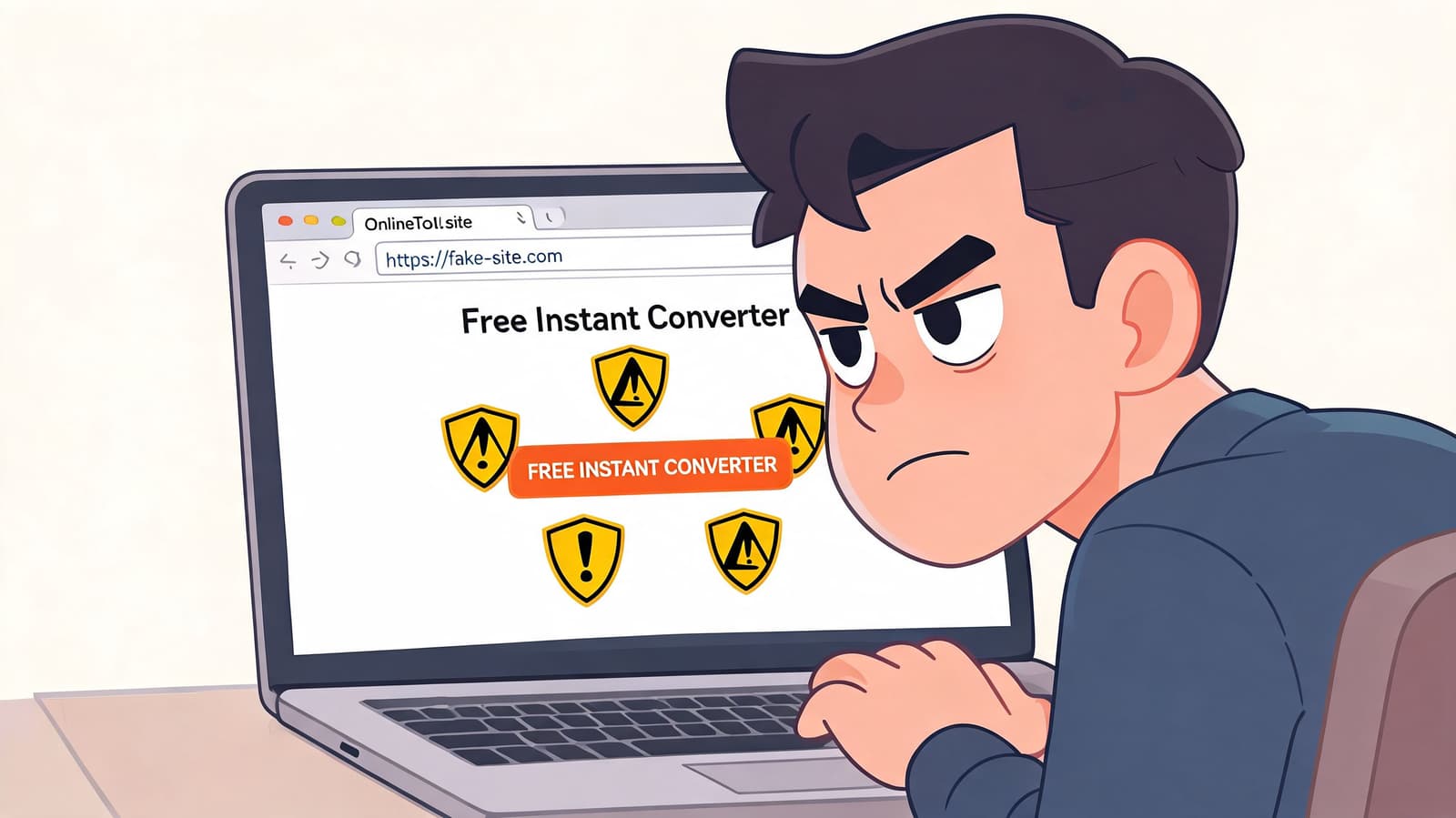 A concerned man looking at a suspicious website promising free conversion on his laptop screen.
