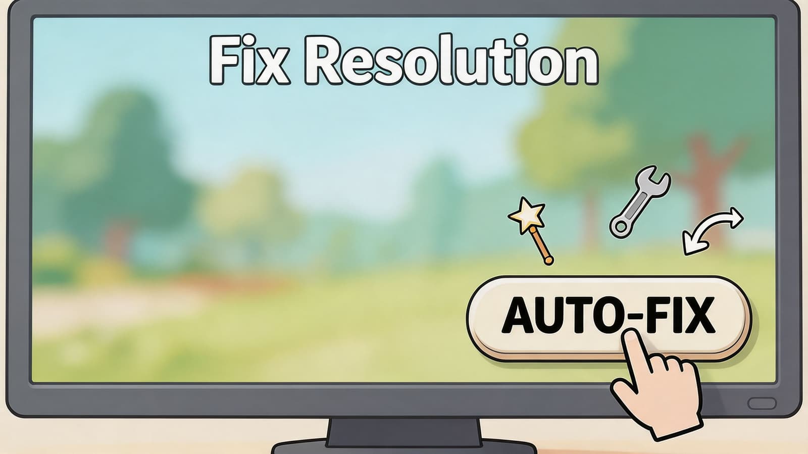 A digital screen displays the Fix Resolution settings menu with a button labeled AUTO-FIX being pressed.