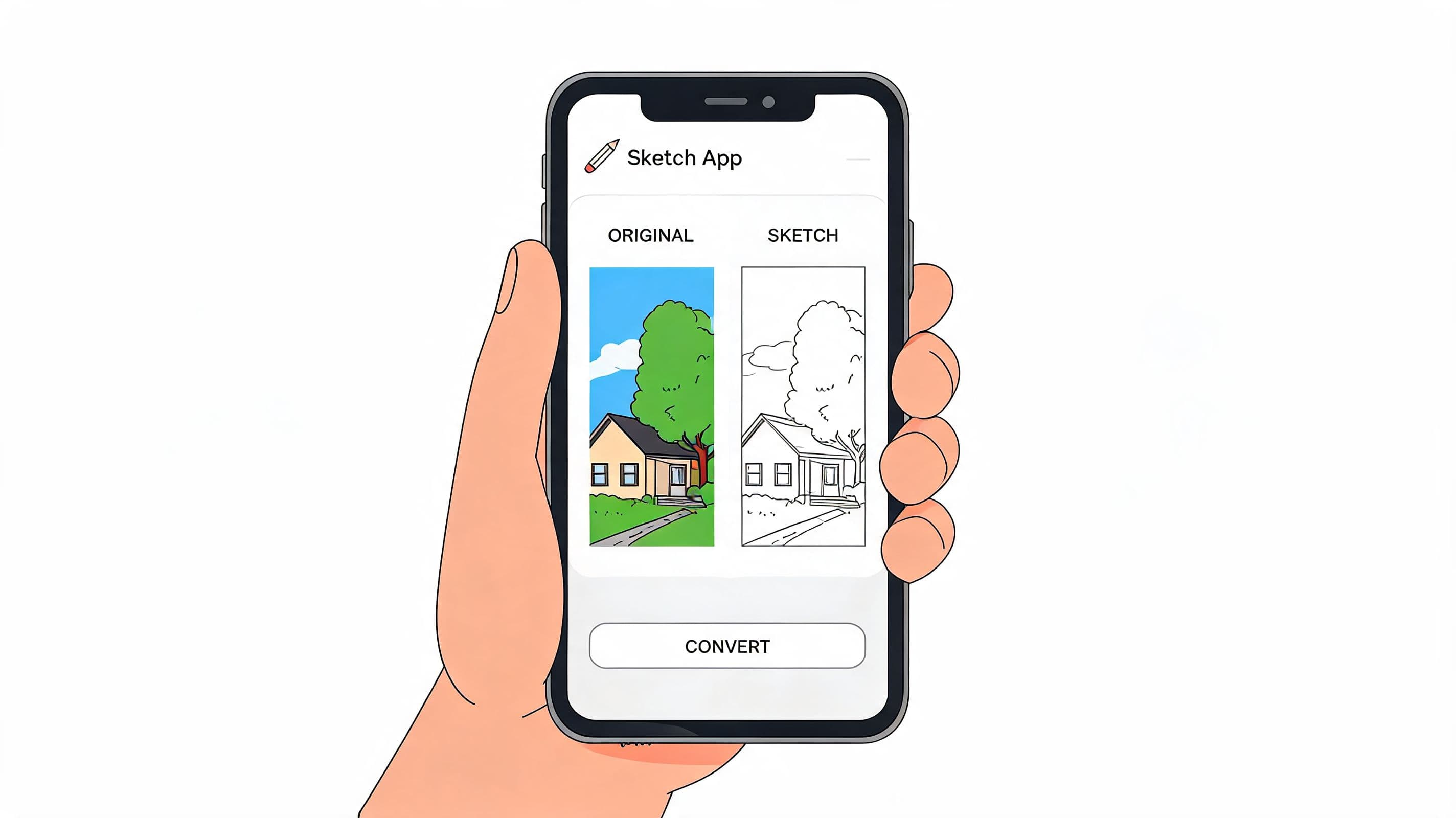 A hand holding a smartphone displaying a mobile app that converts a colorful house image into a sketch.