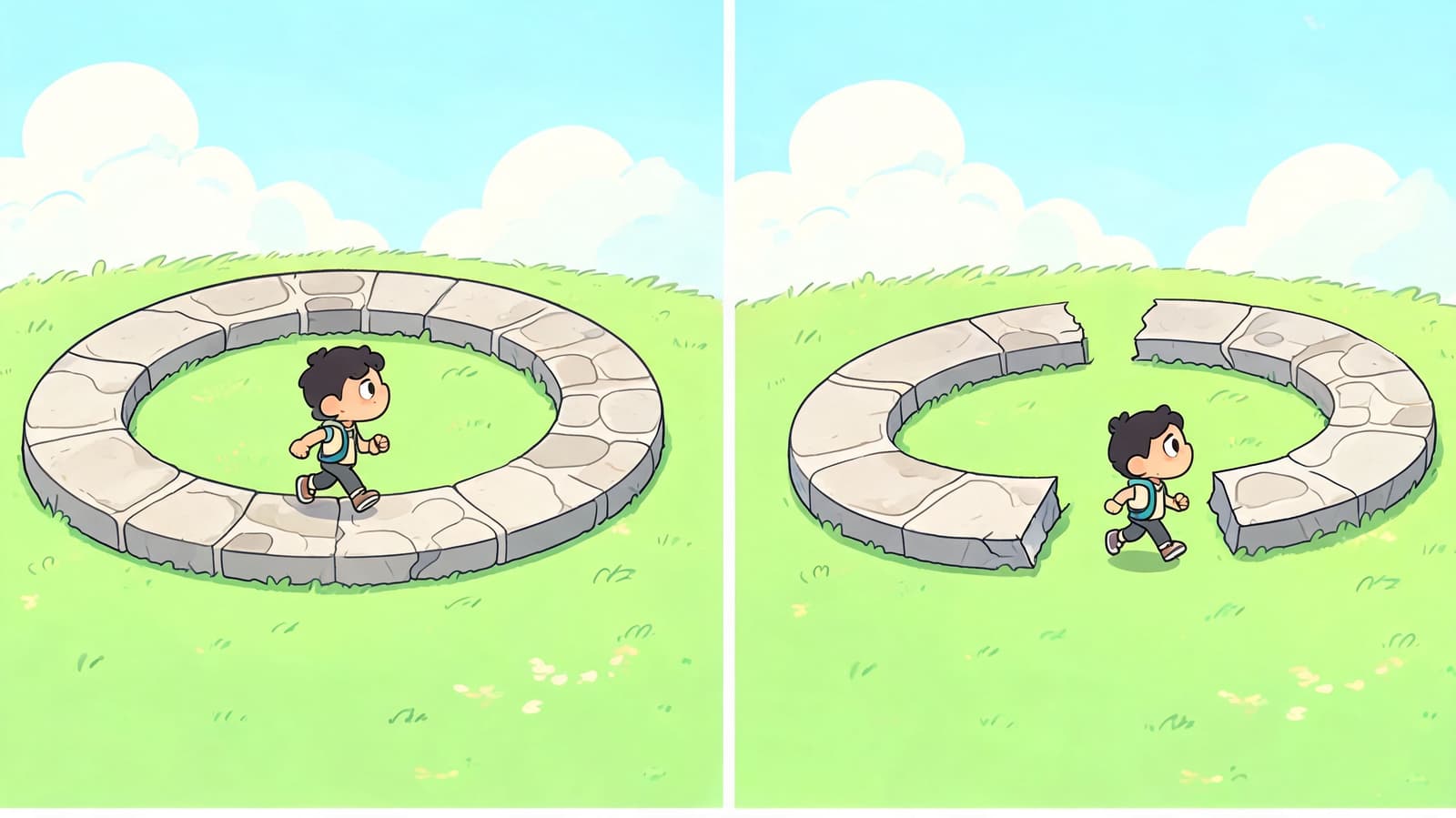 An illustration showing a child walking in a closed stone circle and then an open stone loop.