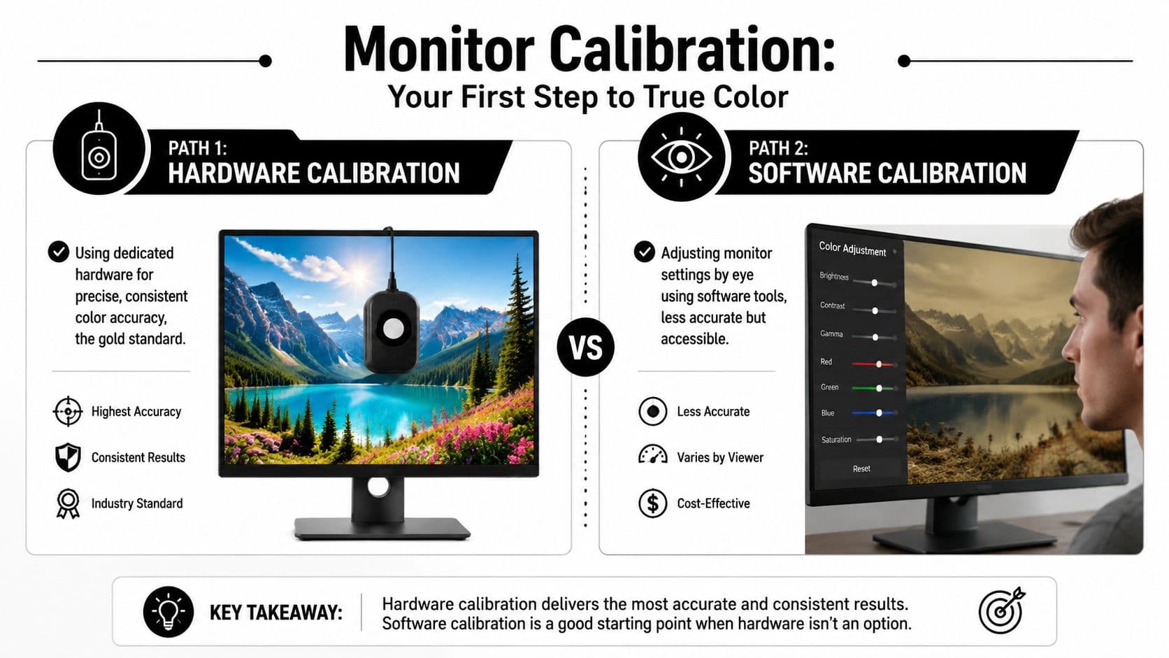 A comparison chart showing hardware calibration versus software calibration methods for achieving accurate monitor color displays.