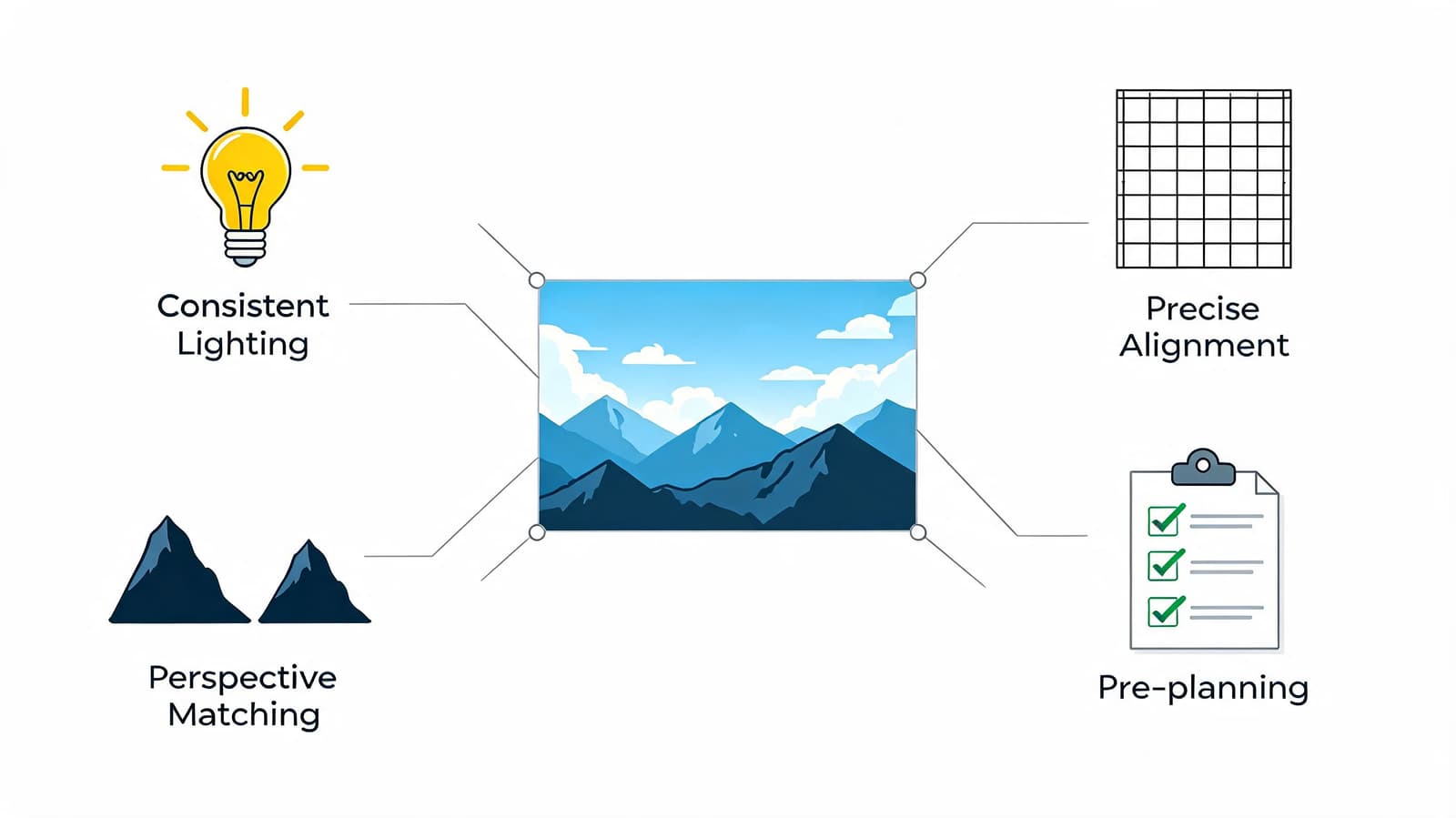 A diagram illustrating four key elements for editing: consistent lighting, perspective matching, precise alignment, and pre-planning.
