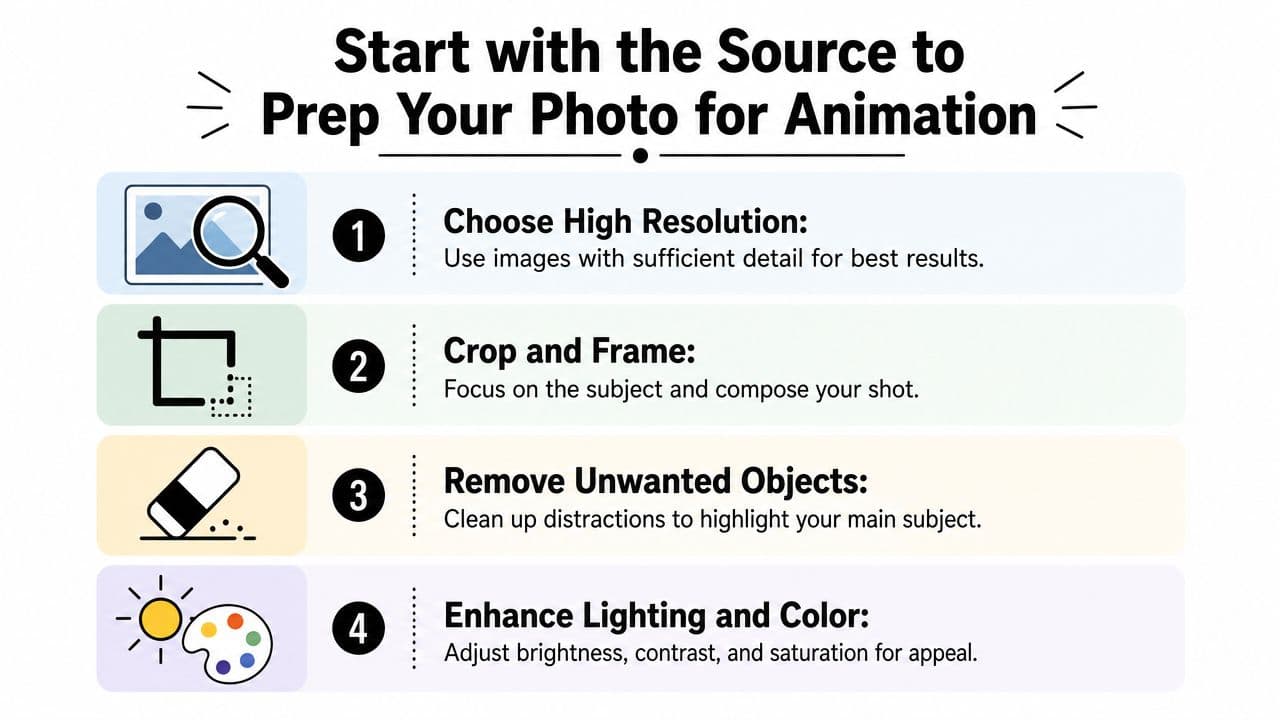 A four-step infographic illustrating how to prepare and improve the quality of photos for animation purposes.