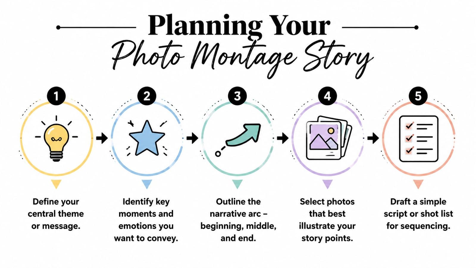 A five-step infographic guide illustrating the process of planning and creating a photo montage story.